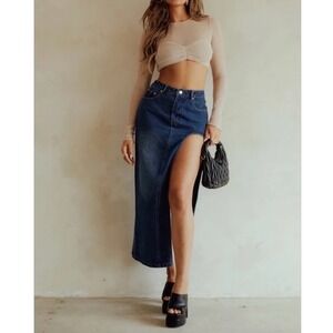NWT Miss Lola Denim Maxi Skirt High Thigh Slit Medium Wash Blue Cut Out Festival
